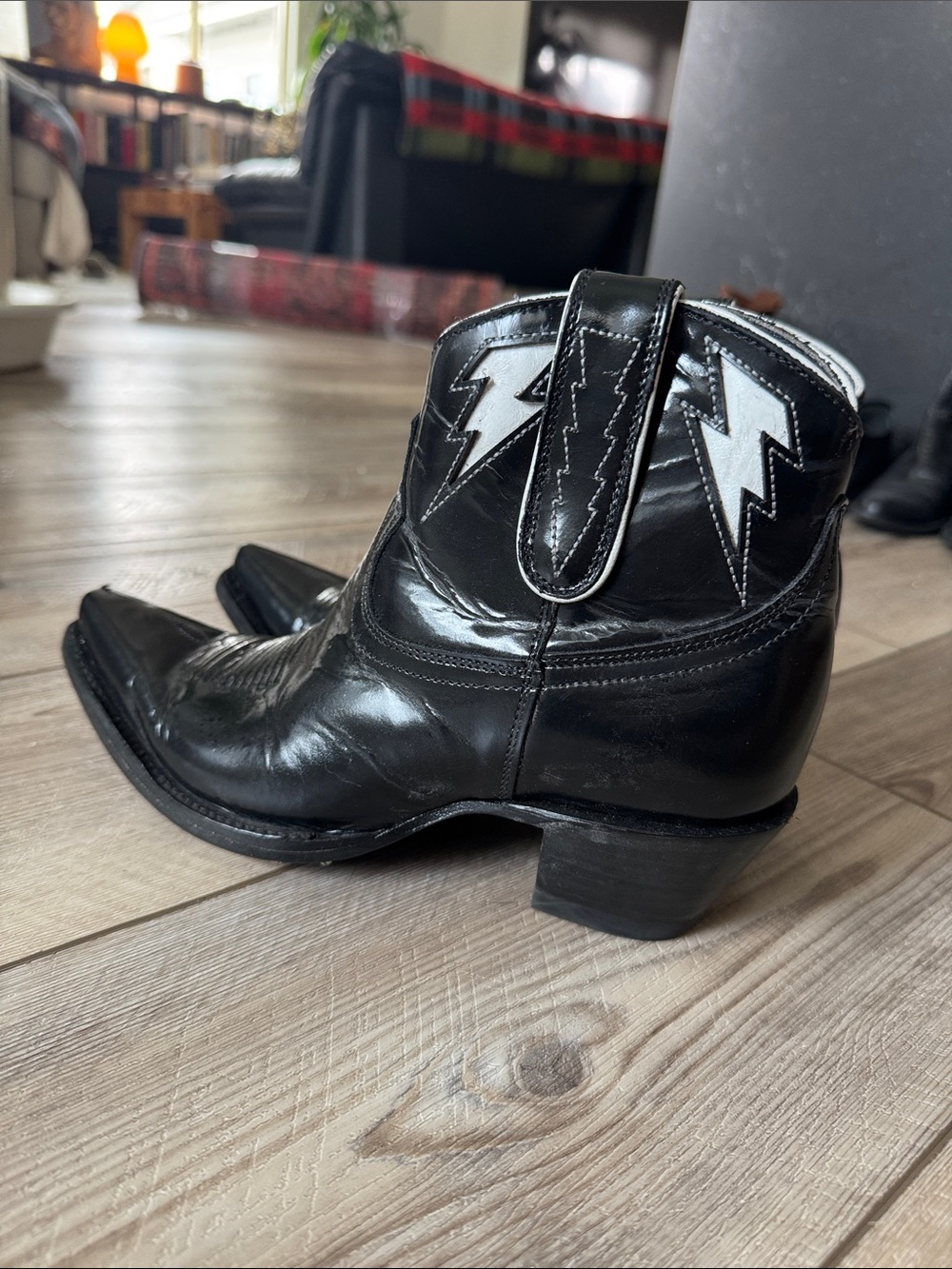 Allen’s Black Leather Western Ankle Boots with White Lightning Detail